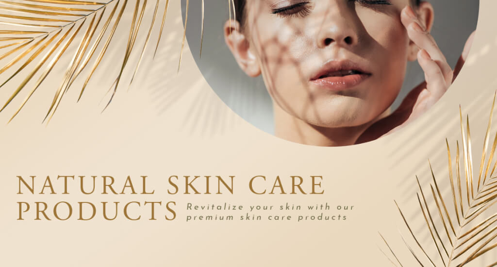 Promotional banner for Skin & Glow's natural skincare products, showing a woman with glowing skin and soft, golden palm leaves.